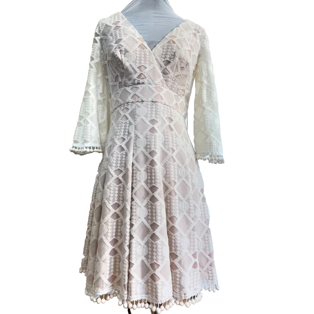 Eliza J Ivory Lace Fit and Flare Dress Size 6 V Neck Pom Trim Wedding Party